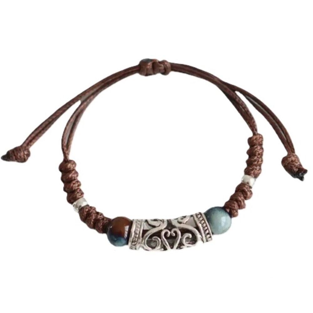 Hallow Silver Tube & Ceramic Bead Adjustable Wax Cord Anklet or Bracelet Unisex